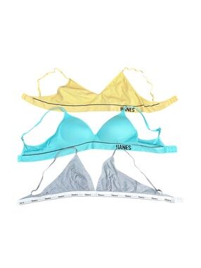 Lot 3 Hanes Bras 2XL Plus Size Wireless Bralette Set Ribbed Yellow Blue Gray